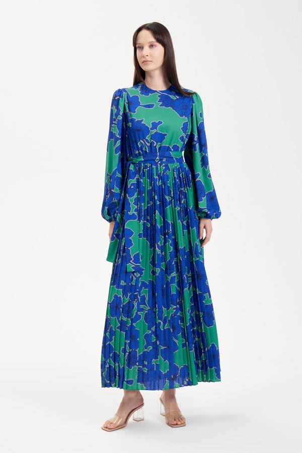 Miori Emma Pliseli Krep Elbise Saks-Yeşil