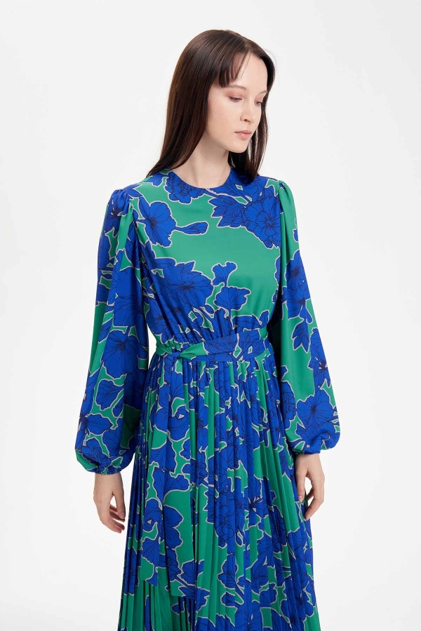 Miori Emma Pliseli Krep Elbise Saks-Yeşil