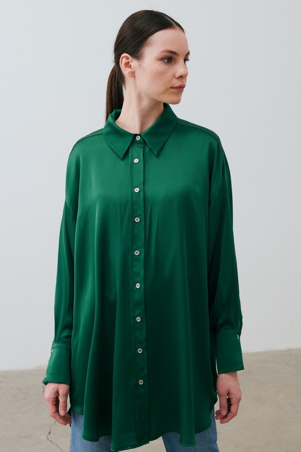 Miori Royal Saten Gömlek Yeşil - Thumbnail